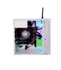 white computer revealing internal components such as the CPU fan, motherboard, power supply, and storage devices. The background is transparent.