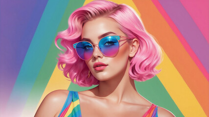 A woman with pink hair and blue sunglasses is standing in front of a rainbow