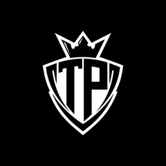 TP Letter logo with sharp triangle shield shape with crown inside white outline on black background template design