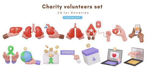 Donation and Charity Volunteer Set 3D. Concept of generosity, charity and Help Others.