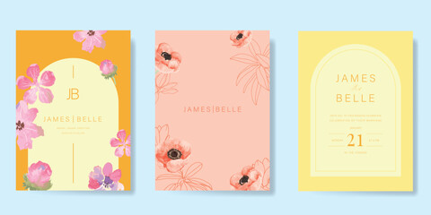 Elegant wedding invitation card background vector. Minimal hand painted watercolor botanical flowers texture template background. Design illustration for wedding, vip cover, poster, rsvp modern card.