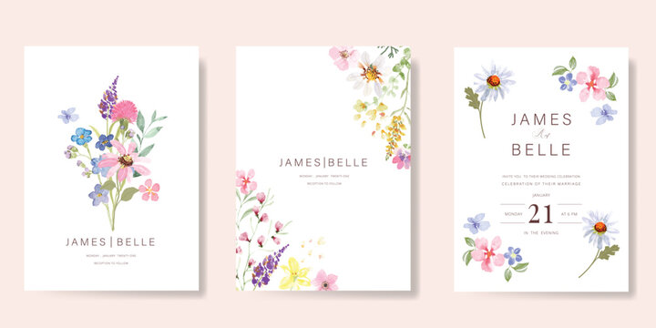 Elegant wedding invitation card background vector. Minimal hand painted watercolor botanical flowers texture template background. Design illustration for wedding, vip cover, poster, rsvp modern card.