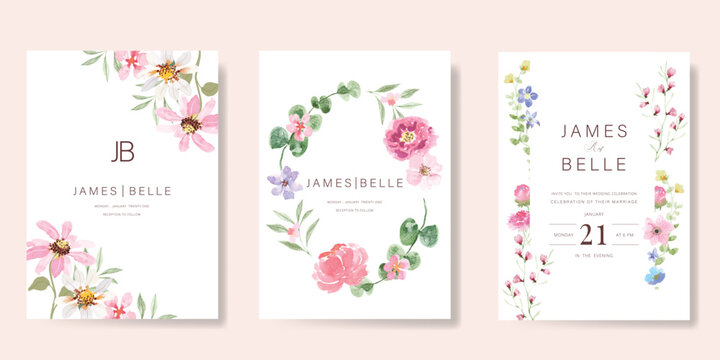 Elegant wedding invitation card background vector. Minimal hand painted watercolor botanical flowers texture template background. Design illustration for wedding, vip cover, poster, rsvp modern card.