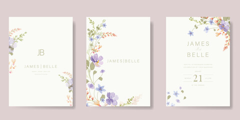 Elegant wedding invitation card background vector. Minimal hand painted watercolor botanical flowers texture template background. Design illustration for wedding, vip cover, poster, rsvp modern card.