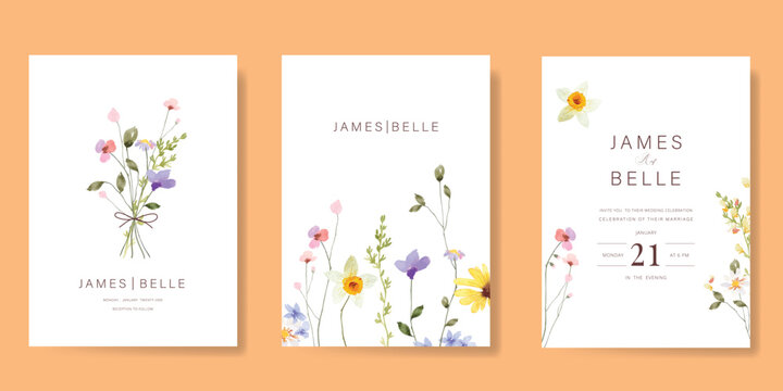 Elegant wedding invitation card background vector. Minimal hand painted watercolor botanical flowers texture template background. Design illustration for wedding, vip cover, poster, rsvp modern card.