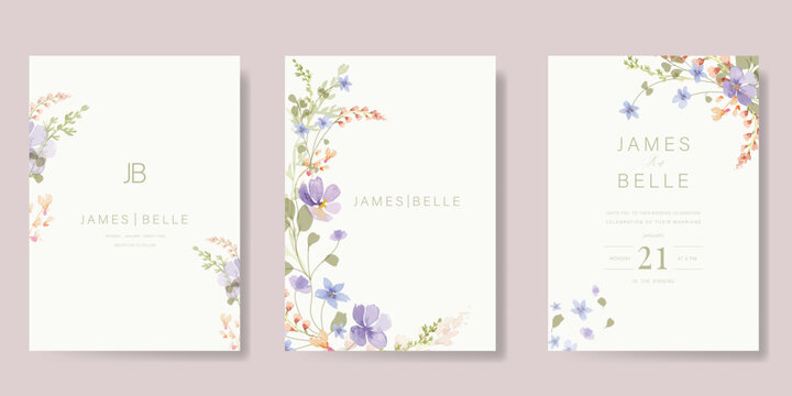 Elegant wedding invitation card background vector. Minimal hand painted watercolor botanical flowers texture template background. Design illustration for wedding, vip cover, poster, rsvp modern card.