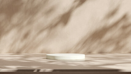 Stone podium for beauty and spa cosmetic brand display on brown background wall with plant shadow. Luxury granite material neutral aesthetic interior scene for product placement