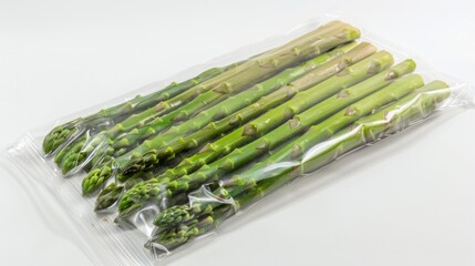 Fresh asparagus vacuum sealed rady for sous vide cooking, isolated on white background, top view.