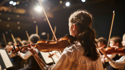 Back Portrait of a Girl Playing a Violin in An Orchestra Concert