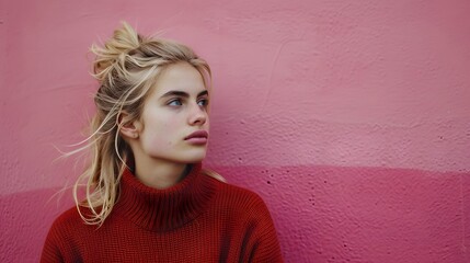 Beautiful young blonde woman posing isolated over pink wall background. 