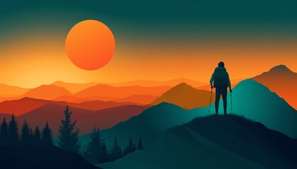 Silhouette of a lone figure standing on a mountaintop, gazing at a vibrant sunset over a vast mountain range.