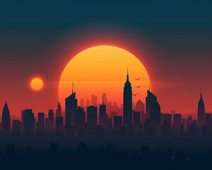 Obraz premium Silhouette of a city skyline against a vibrant sunset with a large sun and smaller sun, creating a stunning urban landscape.