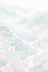 花々が咲き乱れる幽玄な山脈の魅惑的なイラスト