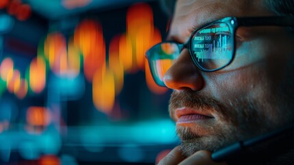 Close-up of a trader leveraging margin trading with colorful financial charts reflected in glasses.