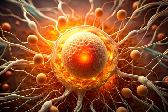 Macro shot of a released egg surrounded by follicular fluid and blood vessels, illuminated by warm light, symbolizing female reproductive health and fertility.