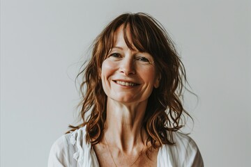 Fototapeta premium Portrait of a smiling middle-aged woman with long wavy hair.
