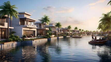 exterior of a house on the embankment, demonstrating the property's proximity to the water. Architectural features, landscaping and outdoor living spaces are highlighted