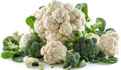 Fresh White Cauliflower Heads With Green Leaves on a White Surface