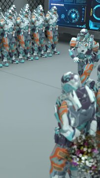 Dancing robot squad leader, Space Guard soldiers with a bouquet of flowers, 3d rendering