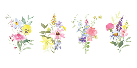 Set of bouquet vector. Watercolor floral arrangement with wildflower, rose, poppy, sunflower, eucalyptus, leaves branch in minimal style. Botanical illustration design for logo, wedding, decor, print.