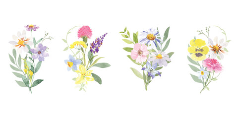 Set of bouquet vector. Watercolor floral arrangement with wildflower, rose, poppy, sunflower, eucalyptus, leaves branch in minimal style. Botanical illustration design for logo, wedding, decor, print.