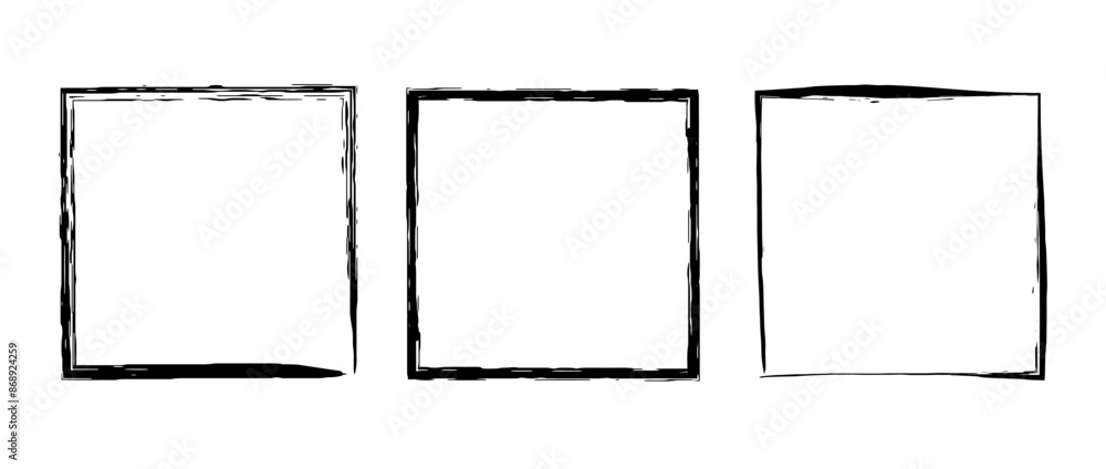 Poster Grunge square frame set. Different paint brush border collection. Black chalk or ink rectangular uneven stroke design elements for banner, poster, flyer, brochure, cover. Vector carde