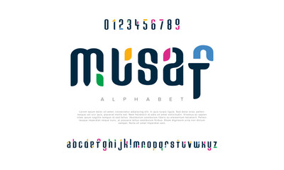 Musaf creative geometric modern urban alphabet font. Digital abstract futuristic, fashion, sport, minimal technology typography. Simple numeric vector illustration