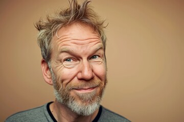 Portrait of a happy senior man with his hair blowing in the wind.