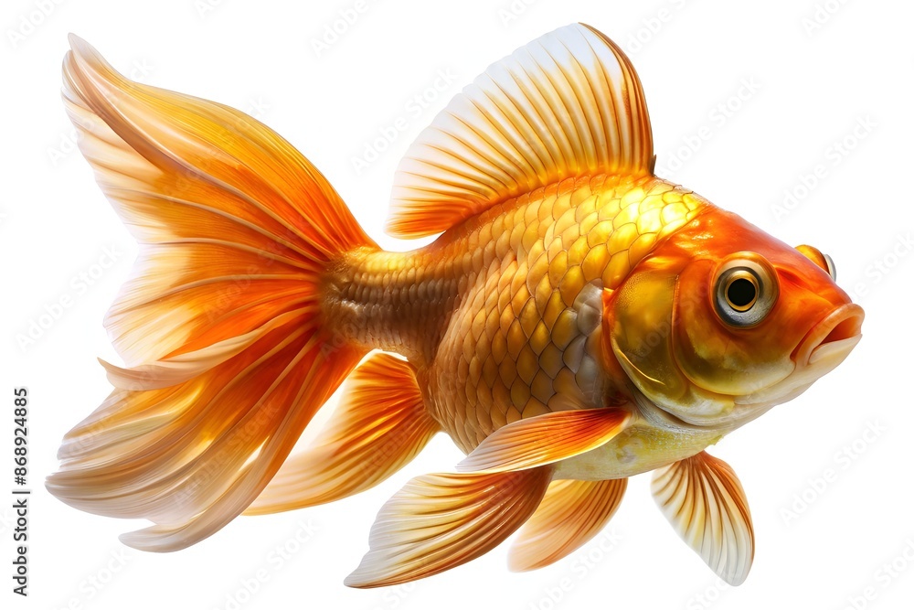 Wall mural Isolated golden orange fish with flowing fins and vibrant scales swims forward, its curious eyes gazing ahead, set against a transparent background for easy editing. - Wall murals