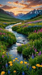 The sun sets over the river and mountains, with wildflowers in the foreground