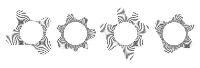 Black radial sound wave line pattern set. Circular audio, music or voice icon collection. Linear undulate wavy equalizer spectrum symbol pack. Circle sunburst bundle. Vector soundwave elements