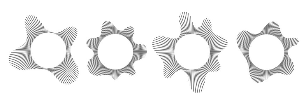 Black radial sound wave line pattern set. Circular audio, music or voice icon collection. Linear undulate wavy equalizer spectrum symbol pack. Circle sunburst bundle. Vector soundwave elements