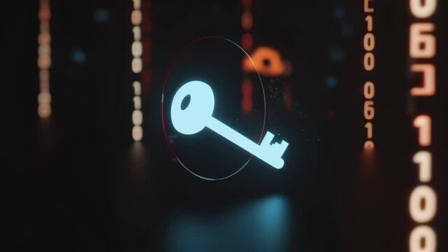 Neon blue key icon floating in dark space. Surrounded by streams of binary code. Symbolizes digital security, data encryption, and cyber protection. 