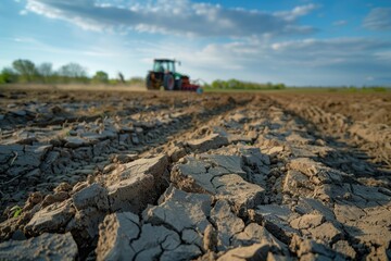 Fototapeta premium Agricultural scene - a tractor plowing the field, turning the soil for the new planting season, enhancing crop growth, and contributing to sustainable farming practices.