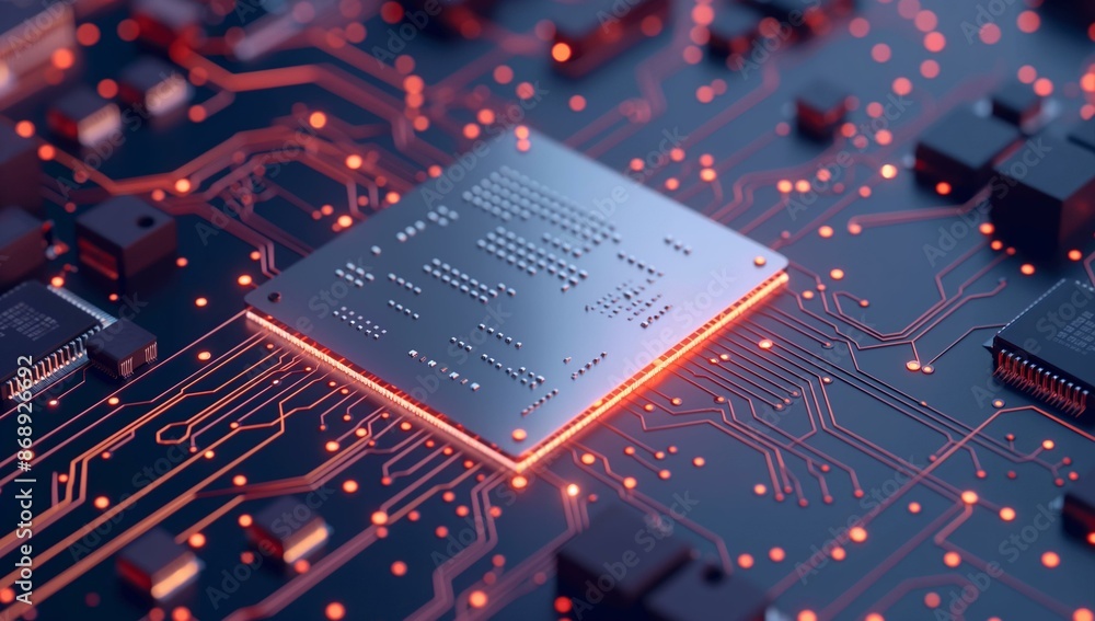 Poster a close-up view of a microchip on a motherboard with glowing circuits, highlighting the intricate de