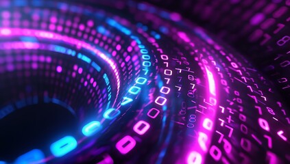 An abstract digital background featuring spirals of glowing neon light and binary code in vibrant pinks and blues, symbolizing high-tech data streams and digital information flow.