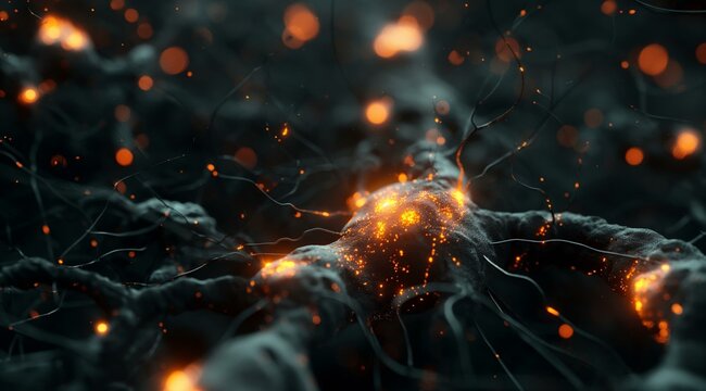 A detailed close-up of neurons firing with bright orange areas indicating neural activity.