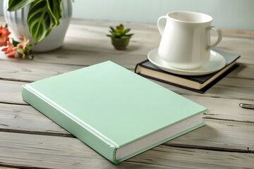 Minimalist wooden desk showcases a blank mint green book cover in an office setting.