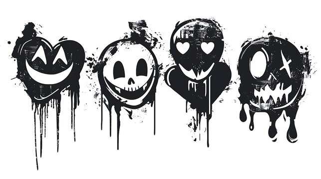 Black spray paint graffiti emoji of smiling face, heart, skull. Street art set of ink drip splatter face emoticon characters in hand drawing style. Painted urban elements on white. Generative Ai