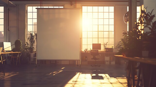 A sunlit coworking office with a blank light wall featuring space for an advertising poster, stylish workspace with a metal frame.