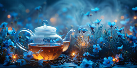Closeup teapot with tea outdoo flower field