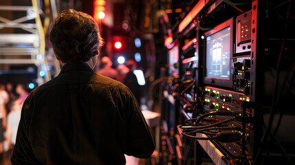 A man stands in front of a rack of audio and video equipment.