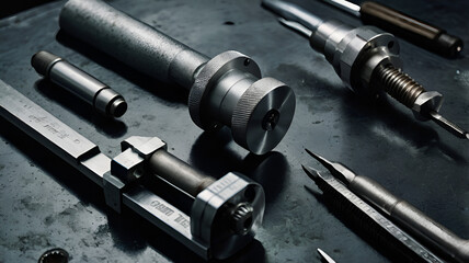 Obraz premium Detailed Background Image of Industrial Tools on Brushed Steel Surface