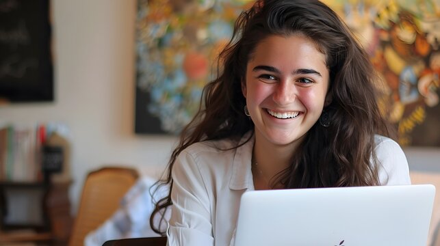 Beauitul young woman working using computer laptop concentrated and smiling. 