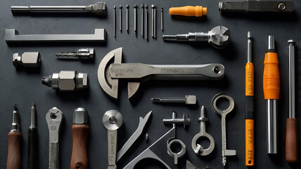 Fototapeta premium Detailed Background Image of Industrial Tools on Brushed Steel Surface