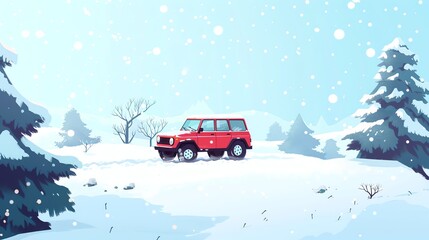 A red SUV drives on a snowy road.