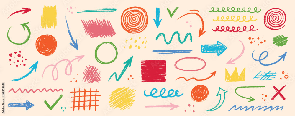 Aufkleber arrow abstract brush line stroke color vector set. kid color paint square, spiral, arrow element sha