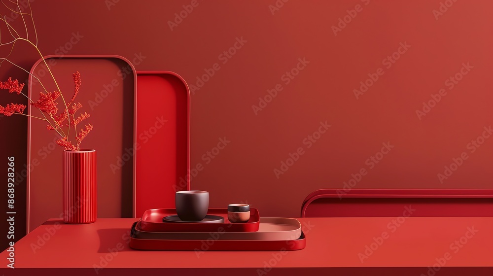 Poster red vase and trays on a red table in front of a red wall.