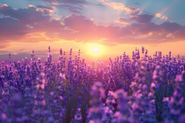 A beautiful lavender field bathed in the warm glow of a summer sunset