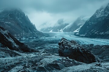 Snow-covered Alpine Glacier: A majestic winter landscape nestled among towering mountains, showcasing a pristine panorama of icy peaks, alpine lakes, and sweeping valleys under a clear sky